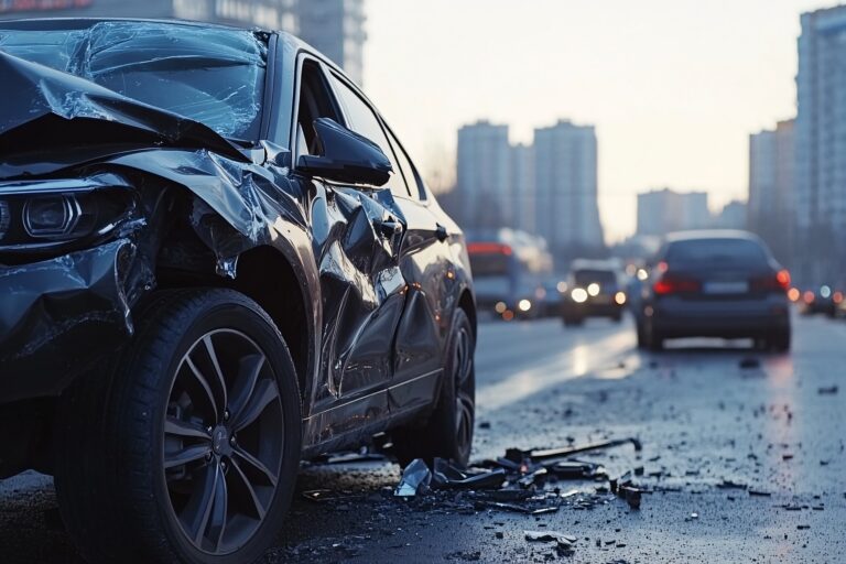 A damaged black car after an accident on a busy city street, showcasing the aftermath of a traffic collision